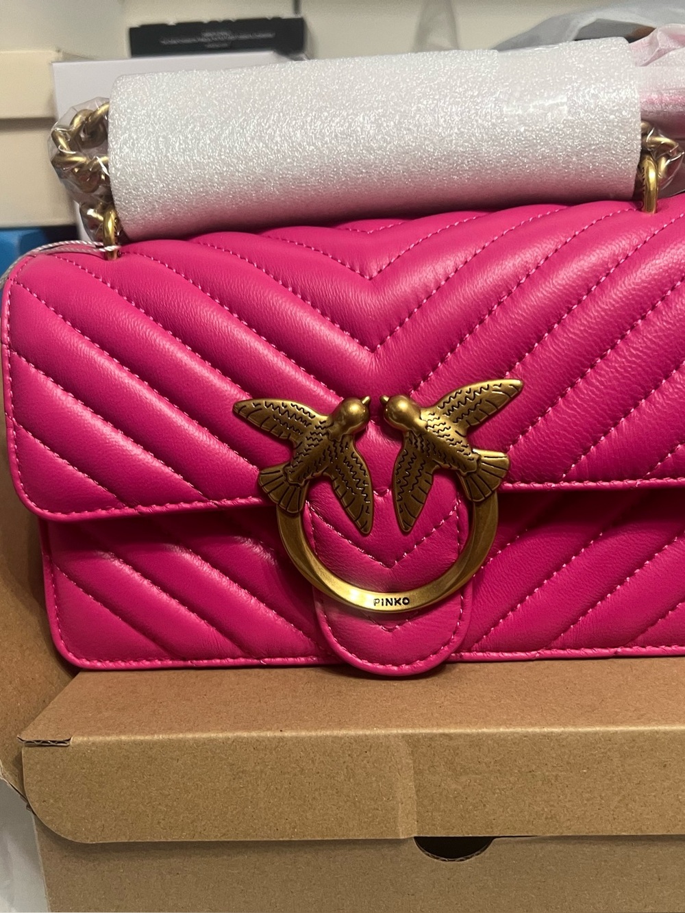 Pinko Quilted Leather Shoulder Bag in Hot Pink with Gold Tone Bird Ring